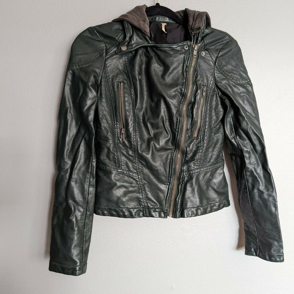 Free People Womens Black Pleather Full Zip Hooded Motorcycle Jacket Size 2
